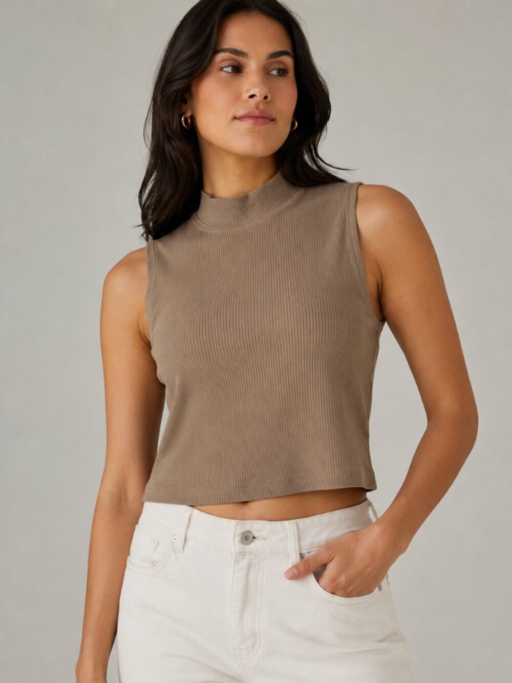 Everlane Taupe Ribbed Mock Neck Cropped Tank Top Organic Cotton XL